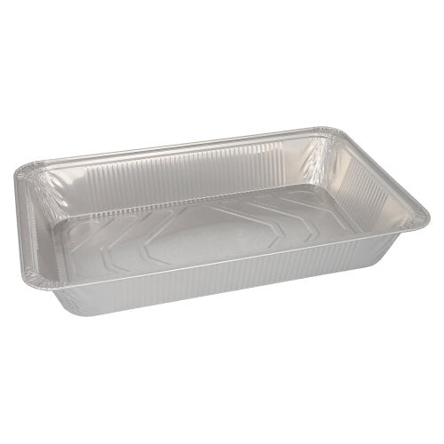 Obdélníkový Starpak 3 Gastronorm-kontejner, jednorázová pečicí forma z hliníku (8,5 l, 8 cm x 32,6 cm x 52,7 cm), prázdná s vyvýšenými okraji a plochým dnem před jednoduchým bílým pozadím.
