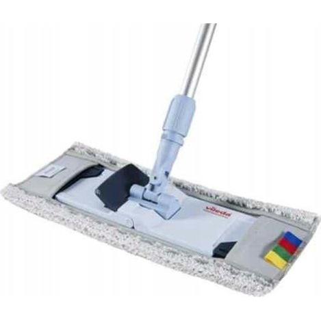 Mop Vileda Professional CombiSpeed Pro r-MicroLite Max (40 nebo 50 cm) od společnosti Vileda GmbH má obdélníkovou hlavu s barevnými záložkami (žlutá, zelená, modrá, červená) a odnímatelný mikrovláknový potah pro univerzální čištění.