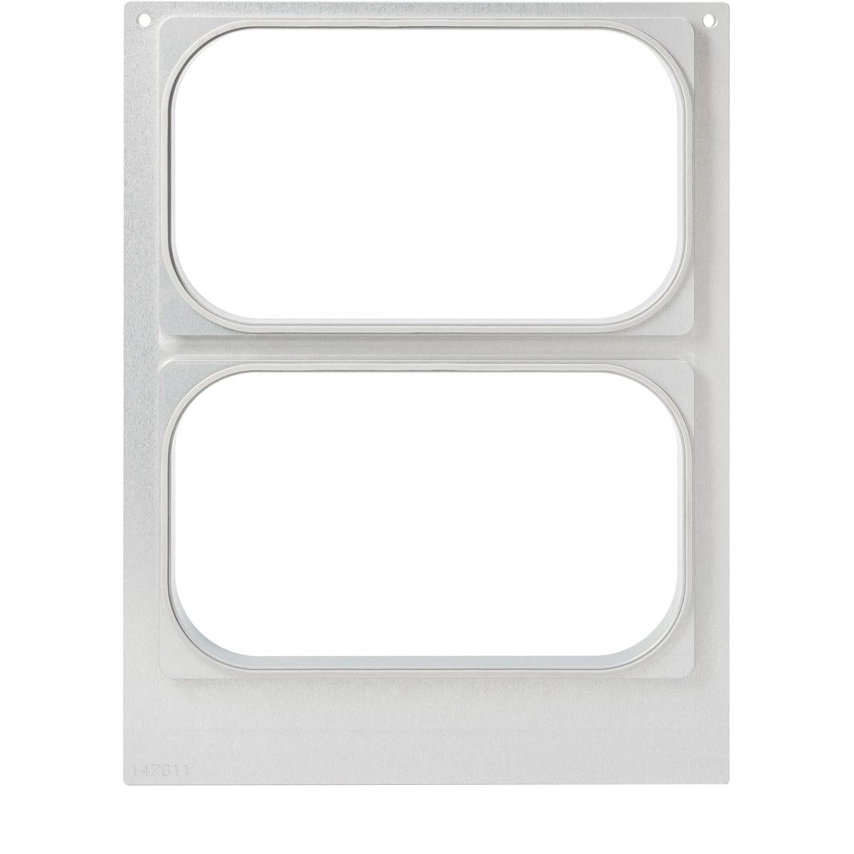 Kazeta Duni GmbH DF15/25 pro PP 1/4 GN misky (265x161 mm, 2 použití) je kovová deska se dvěma centrálními, zaoblenými obdélníkovými otvory a malými rohovými otvory pro upevnění - ideální pro skladování potravin v gastronomii. Balení: 1 kus.