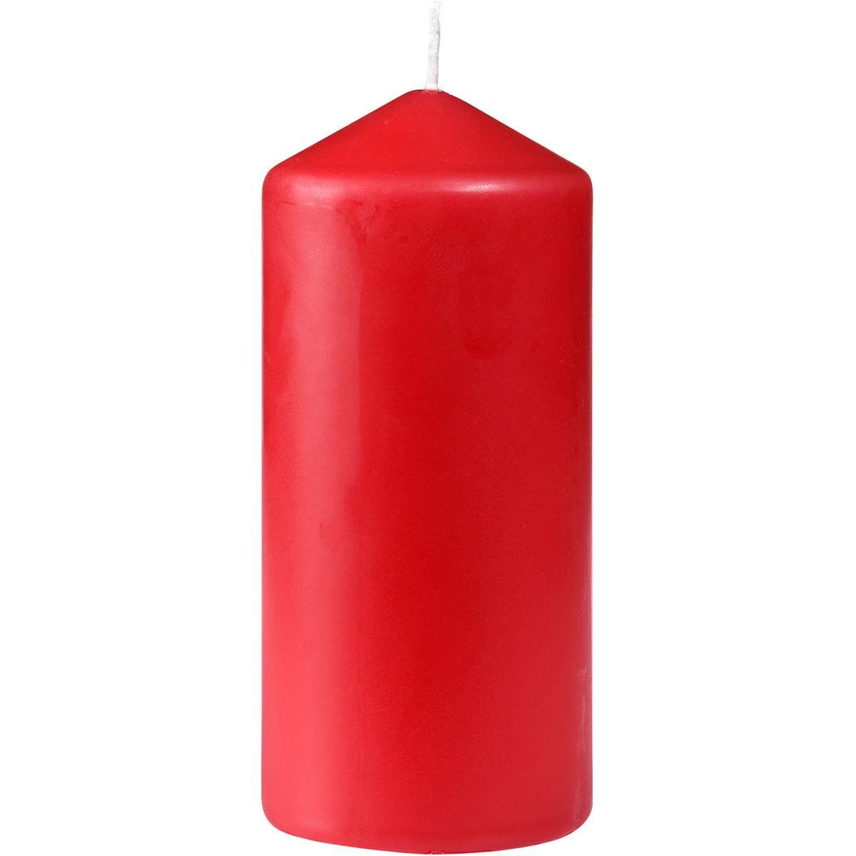 Válcová svíčka Duni GmbH, cca 40h 130 x 60 mm, je lesklá červená svíčka s hladkými stranami, plochým dnem, špičatým vrcholem a bílým knotem - navržena pro dlouhou dobu hoření.