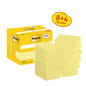 Eine gelbe Schachtel mit 3M Post-it® Notes Gelb (38 mm x 51 mm, 8 Blöcke + 4 Gratis) steht neben zwölf Stapeln Haftnotizen.