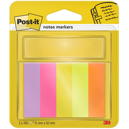 Balení záložek Post-it® Page Marker (3M Deutschland GmbH), 5 bloků v různých barvách (15 x 50 mm, 100 listů/blok), PEFC-certifikováno, SGSCH-PEFC-COC-110078, v průhledném plastovém obalu se žlutou a bílou zadní stranou.