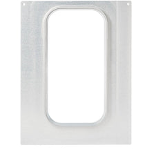 Obdélníková kovová deska společnosti Duni GmbH se středovým kruhovým výřezem a čtyřmi rohovými otvory, ideální jako kazeta DF15/25 pro CPET misky o objemu 2400 ml - velikost 1/3 GN pro gastronomické cateringy.