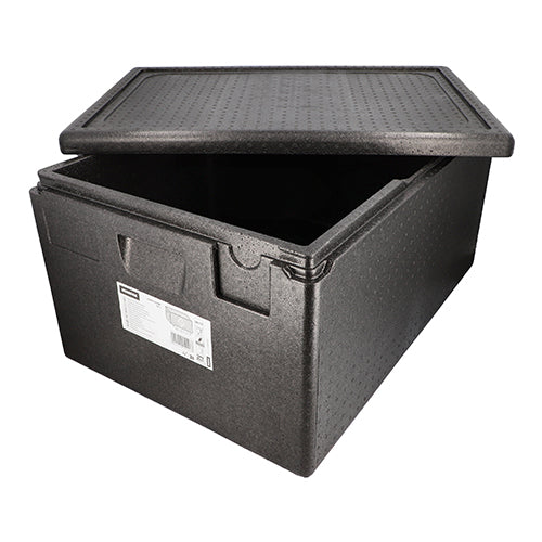 Na obrázku je černý izolační přepravní kontejner Starpak z EPP (68,5 x 48,5 x 36 cm), Euro-Norm, s částečně otevřeným víkem a prostorným vnitřkem. Na přední straně se nachází produktový štítek. Balení: 1 kus.