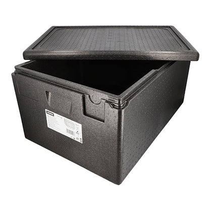 Na obrázku je černý izolační přepravní kontejner Starpak z EPP (68,5 x 48,5 x 36 cm), Euro-Norm, s částečně otevřeným víkem a prostorným vnitřkem. Na přední straně se nachází produktový štítek. Balení: 1 kus.