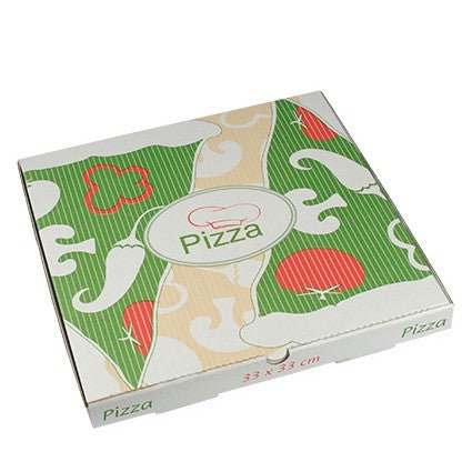 Zobrazen je uzavřený PAPSTAR 100 pizzový karton společnosti PAPSTAR GmbH z čisté celulózy v barevném veggie designu v zelené, červené a béžové barvě s nápisem „Pizza“ na víku a straně; rozměry jsou 33 x 33 cm.