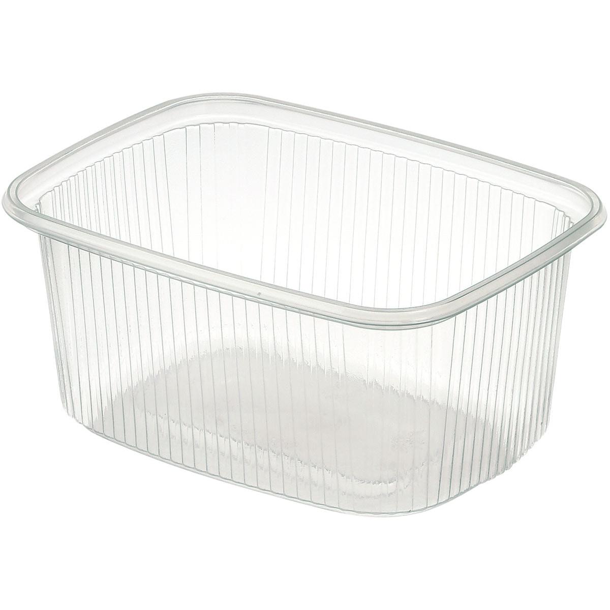 Ein klarer, rechteckiger Delipack rechteckig Transparent PP-Lebensmittelbehälter der Duni GmbH mit vertikalen Seitenrillen und ohne Deckel ist auf weißem Hintergrund abgebildet.