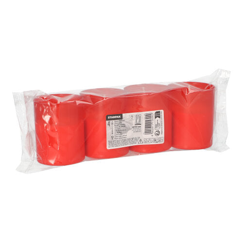 Eine transparente Kunststoffverpackung enthält vier rote PAPSTAR Grablichte "Stundenbrenner" (Ø 5 cm, 6,5 cm hoch) der PAPSTAR GmbH, die auf der Vorderseite ein weißes Etikett mit Produktinfos und Barcode tragen.