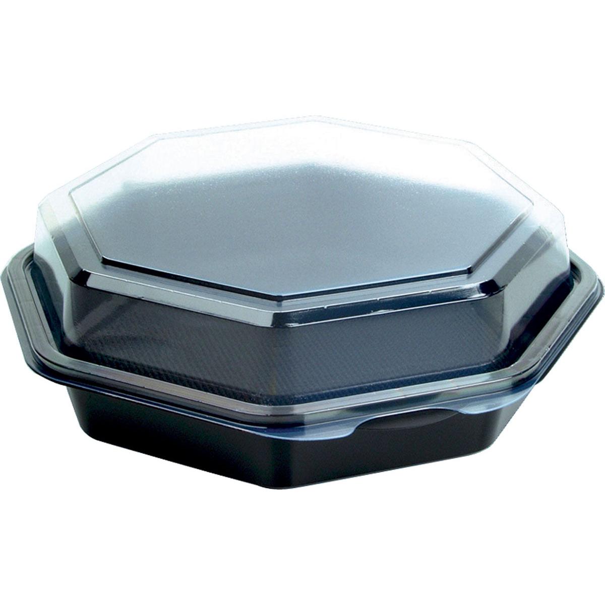 Uzavřený Octaview® (C&C balení s 127800) Černý/Průhledný PS 190x190x60 Takeout-kontejner od společnosti Duni GmbH, zobrazený na bílém pozadí. Balení po 35 kusech.