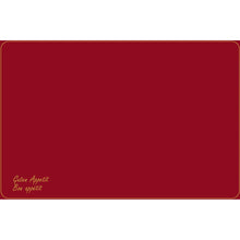 Dieses Dunicel-Tischset (Vesca Norm) 33 x 48 cm der Duni GmbH hat einen kastanienbraunen Hintergrund mit goldenem Rand und abgerundeten Ecken. Unten links steht in gelber Schreibschrift "Guten Appetit" und "Bon appétit" - ideal für einen elegant gedeckten Tisch.