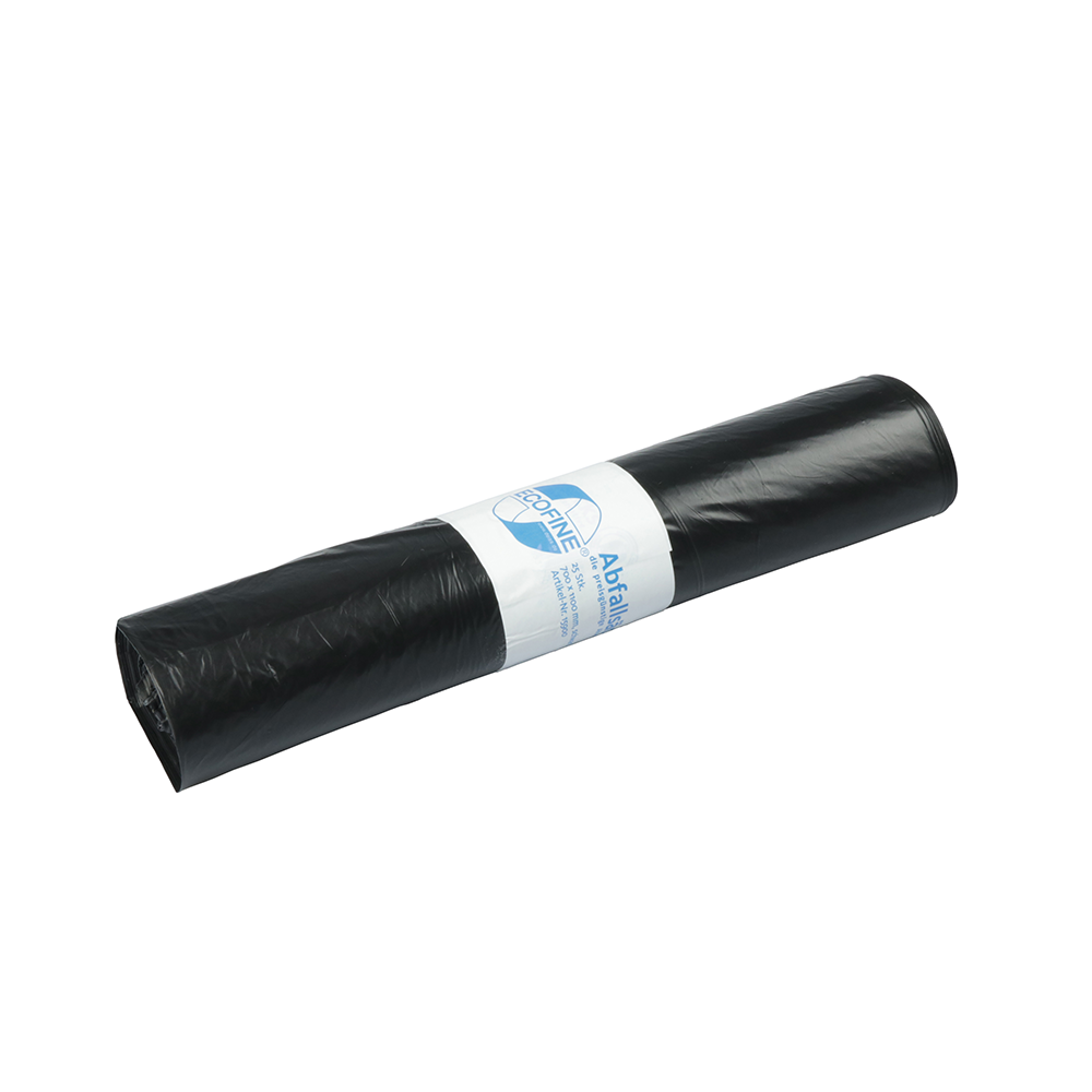 Role DEISS ECOFINE® odpadkových pytlů 13900 z recyklovaného LDPE/LLDPE, 120 litrů, od EMIL DEISS KG (GmbH + Co.), s bílou etiketou, pro ekologickou likvidaci je vidět na bílém pozadí.