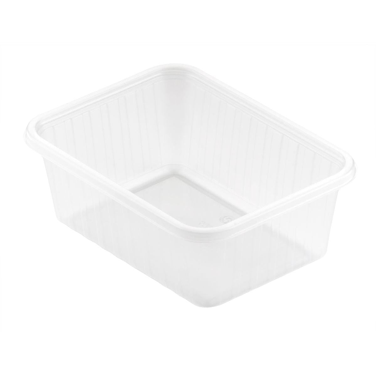 Fixpack® obdélníková průhledná PP 146x110mm od společnosti Duni GmbH je obdélníková, čirá úložná krabice s mírně zvýšenými okraji a hladkým povrchem. Prázdná nádoba stojí na bílém podkladu a je nahoře otevřená.