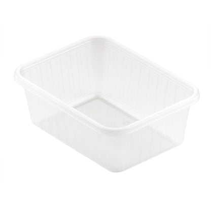 Fixpack® obdélníková průhledná PP 146x110mm od společnosti Duni GmbH je obdélníková, čirá úložná krabice s mírně zvýšenými okraji a hladkým povrchem. Prázdná nádoba stojí na bílém podkladu a je nahoře otevřená.