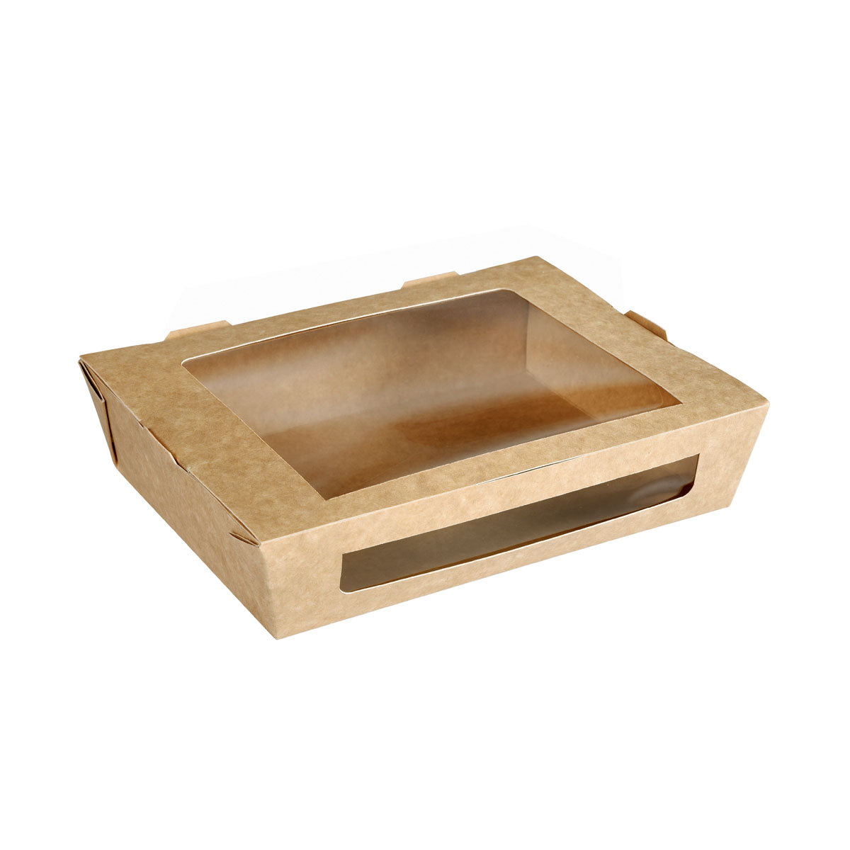 Die Menübox mit PLA-Fenster 1200 ml von Duni GmbH aus braunem Karton (200x155x45 mm), leer fotografiert und teilweise geöffnet auf weißem Hintergrund - eine nachhaltige Verpackung, ideal für umweltbewusste Aufbewahrung.