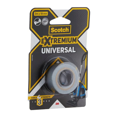 Balení univerzální lepicí pásky Scotch® Extremium™, 3 m x 19 mm od 3M Deutschland GmbH, ve stříbrné barvě, s nápisem na roli lepicí pásky, úrovní pevnosti 3 z 6 a logem značky 3M na spodním okraji.