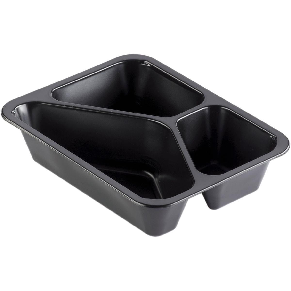 Die Duni GmbH PP-Schale Caterline 3 Schwarz PP 227x178 ist ein schwarzes Speisetablett mit drei Fächern, ideal zum Servieren verschiedener Speisen in der Gastronomie und im Catering.