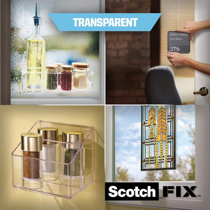 Čtyři obrázky ukazují průhlednou oboustrannou montážní pásku Scotch-FIX™ 4910C od společnosti 3M Deutschland GmbH, která se používá k upevnění kořenek a lahve s olejem na sklo, k připevnění jmenovky na dveře, k organizaci sklenic na stěně a k upevnění vitráže na okna.