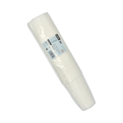 Plastem zabalená hromada 50 bílých Starpak 0,5L PP pitných pohárků (Ø 9,5 cm · 13,7 cm) s pěnovým okrajem a produktovými informacemi na obdélníkovém štítku, který je připevněn na obalu.