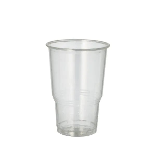 Der PAPSTAR 70 Kaltgetränkebecher, PLA "pure" glasklar mit Schaumrand von PAPSTAR GmbH steht aufrecht vor weißem Hintergrund und betont sein umweltfreundliches Design.