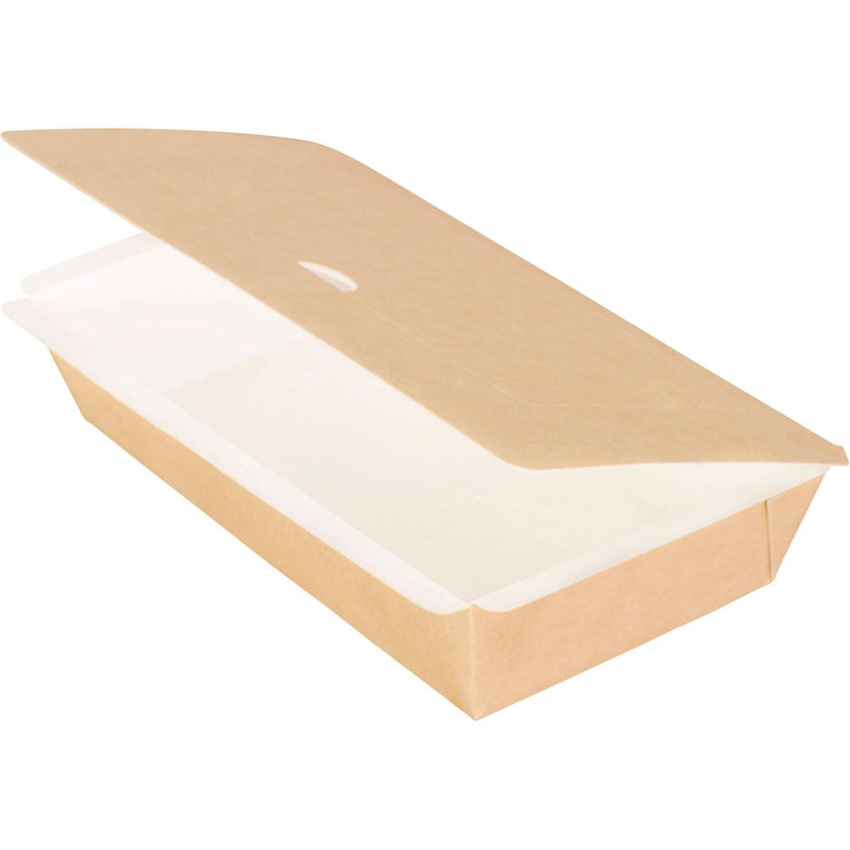 Krabice Duni GmbH, obdélníková, M (200x120x45 mm) z hnědého kartonu/PE, s připojeným a částečně otevřeným víkem. Prázdná krabice stojí před bílým pozadím. Balení: 250 kusů.