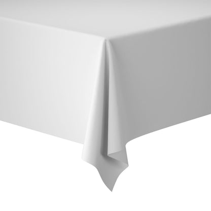 Ubrus Evolin 127 x 220 cm od společnosti Duni GmbH se jemně pokládá přes obdélníkový stůl, jeho měkké záhyby elegantně padají před jednoduchým bílým pozadím.