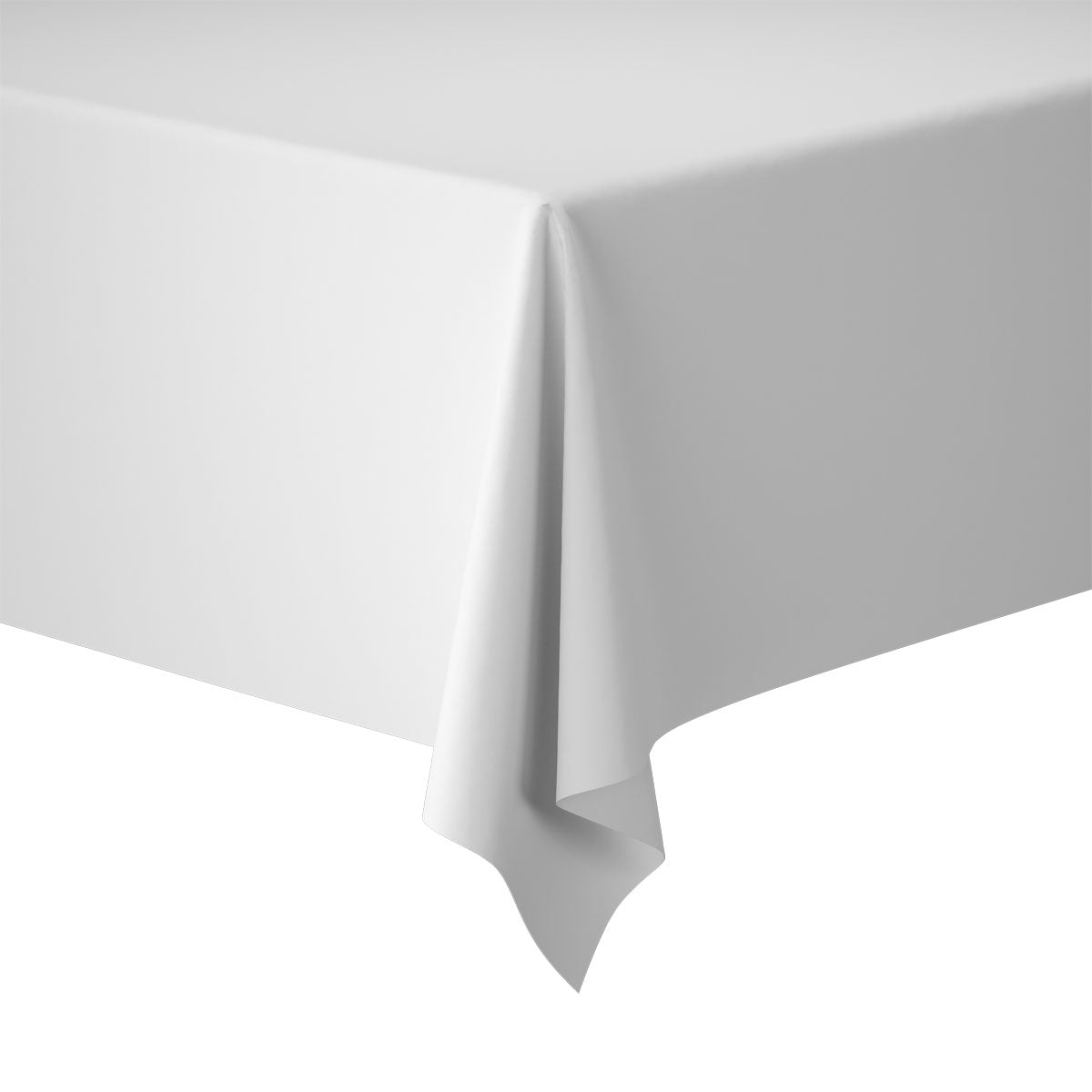 Ubrus Evolin 127 x 220 cm od společnosti Duni GmbH leží přes roh stolu, přičemž jedna hrana tvoří jemné, hladké záhyby. Pozadí je jednoduché bílé.