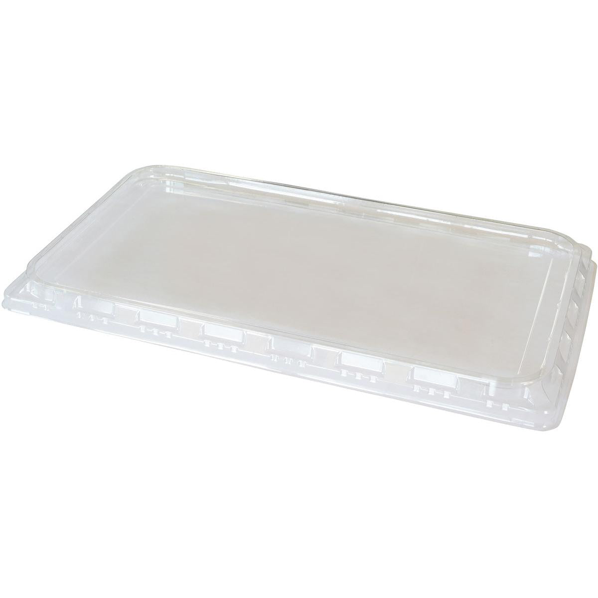 Průhledné víko APET pro 1/1 GN od Duni GmbH (530x325x30 mm, balení po 32 kusech) leží naplocho na bílém podkladu a ukazuje zvýšený okraj z čirého materiálu.