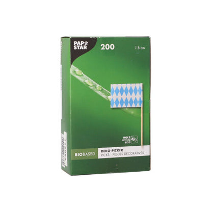 Zelená krabice od PAPSTAR GmbH s nápisem „PAPSTAR 200 dekoračních párátek 8 cm“ obsahuje biobázová párátka, každé s modro-bílou diamantovou vlaječkou – perfektní pro prezentaci finger food. Balení obsahuje vícejazyčné produktové detaily.