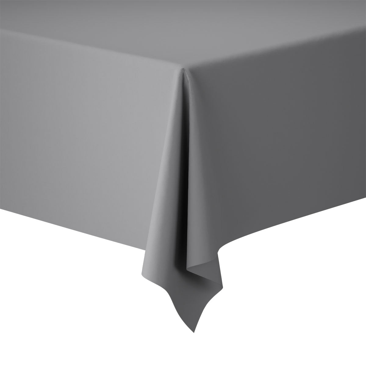 Ubrus Evolin 127 x 220 cm od společnosti Duni GmbH je jednoduchý obdélníkový šedý ubrus s hladkým, rovným záhybem, který čistě zakrývá roh stolu před bílým pozadím.