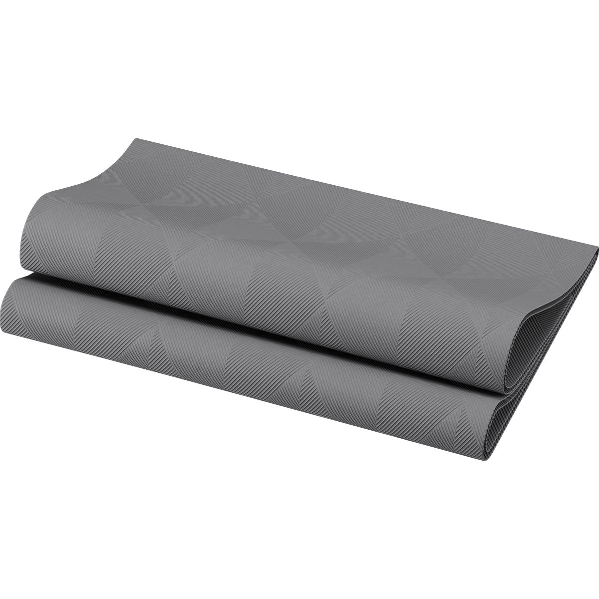 Obrázek ukazuje čistě složený ubrousek Elegance 40x40 cm v žulově šedé barvě od Duni GmbH s decentním geometrickým vzorem, inspirovaným kvalitními stolními dekoracemi; každé balení obsahuje 40 kvalitních ubrousků.