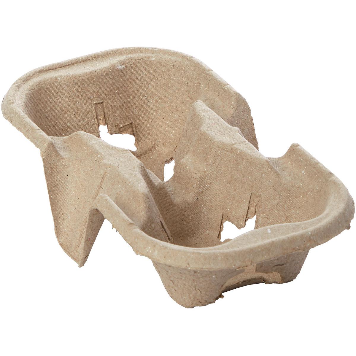 Držák na poháry Fibre 2er PAP od Duni GmbH, se dvěma přihrádkami na poháry a několika výřezy pro bezpečnou přepravu nápojů, leží na bílém pozadí. Balení obsahuje 200 kusů.