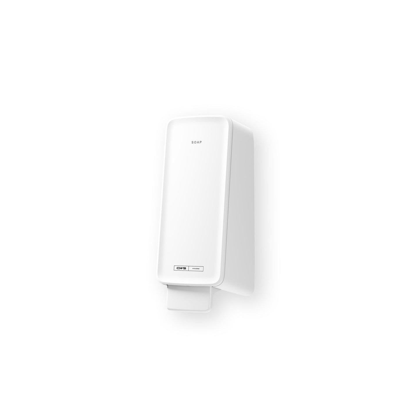 Dávkovač mýdla CWS PureLine Foam od CWS je bílý, obdélníkový nástěnný dávkovač mýdla s minimalistickým designem a dvěma tlačítky na přední straně, které jsou označeny "SOAP" - perfektní pro každou umývárnu. Zobrazeno před jednoduchým bílým pozadím.