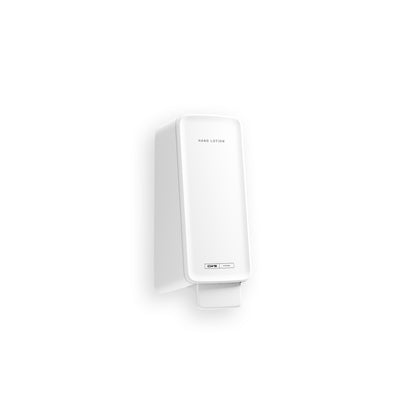 Bílý, obdélníkový nástěnný dávkovač s nápisem "Handlotion" a pákovým mechanismem dávkuje CWS PureLine Handlotion od CWS pro intenzivní hydrataci a hladkou pokožku. Zobrazený na jednoduchém bílém pozadí.