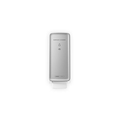 Přední panel CWS PureLine pro dávkovač Surface Cleaner/NT od CWS, s jasnými ikonami a textem pro hygienické řešení, je zobrazen uprostřed na jednoduchém bílém pozadí.