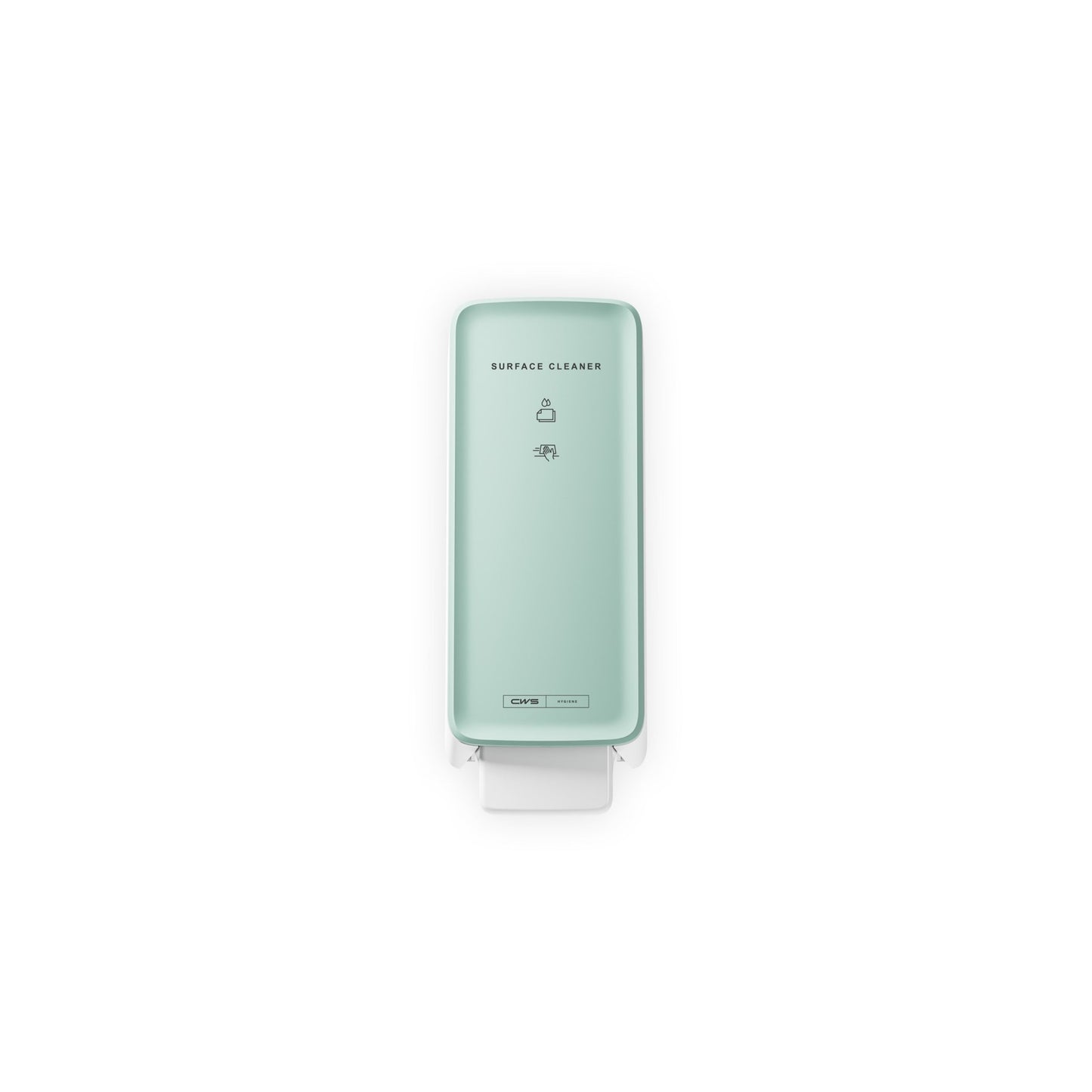 Přední panel CWS PureLine pro dávkovač Surface Cleaner/NT ve světle zelené barvě nabízí hygienické řešení se symboly a textem na přední straně, které jsou zobrazeny před bílým pozadím.