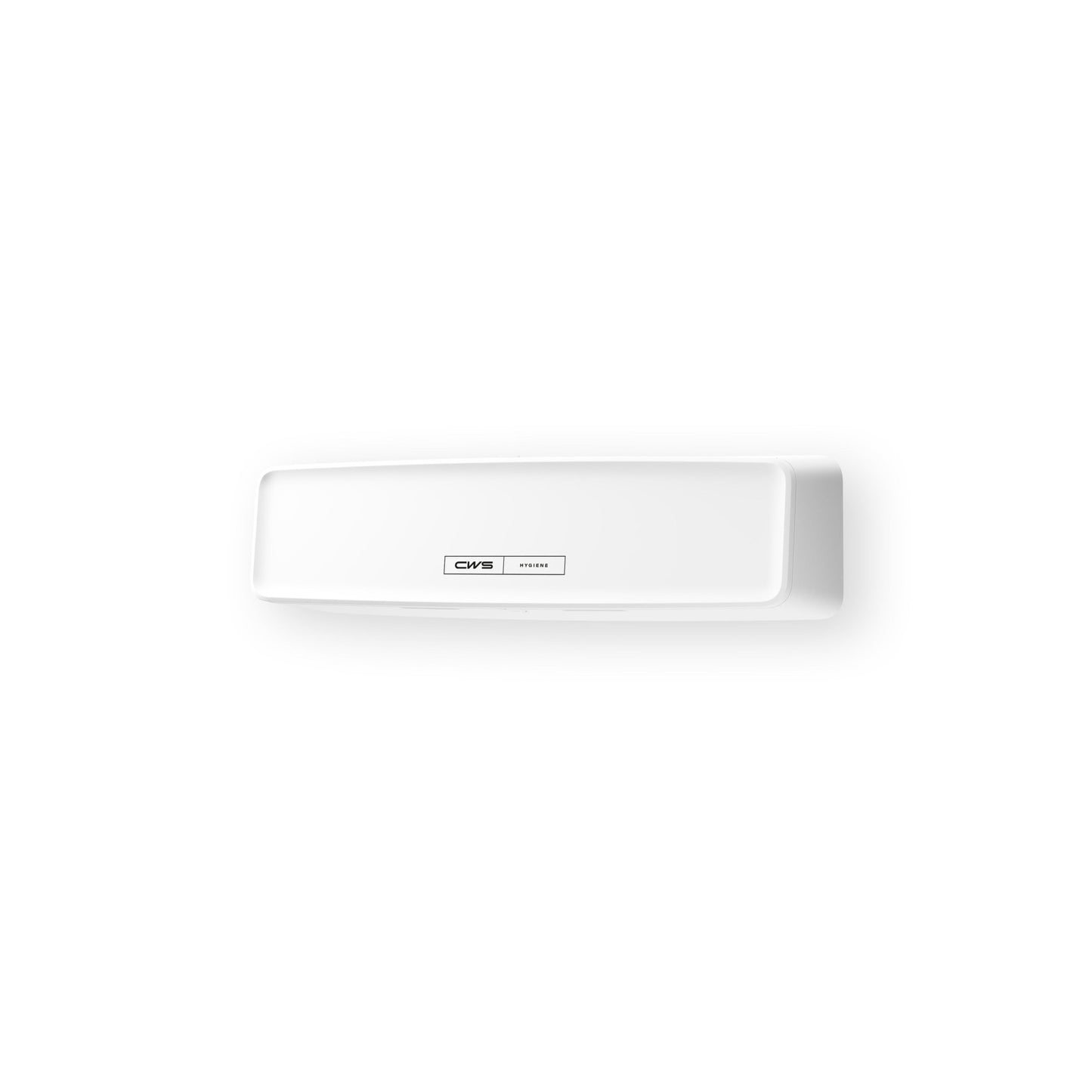 Obdélníkový bílý nástěnný dávkovač s malou šedou a černou etiketou CWS, CWS PureLine AirBar (1 kus), navržený pro hygienický vzduch v místnosti. Pozadí je jednobarevně bílé.