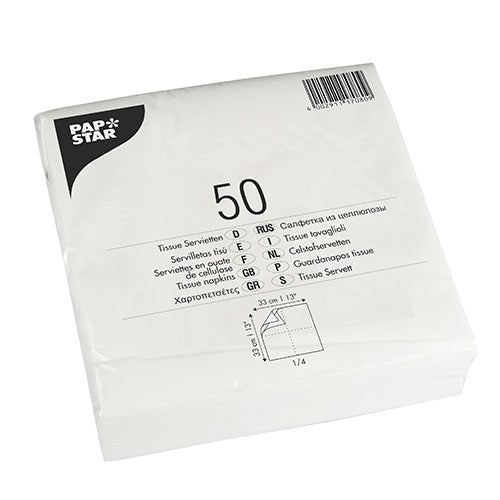 Uzavřený balíček s 50 PAPSTAR GmbH ubrousky 1/4-skládání, 33x33 cm, bílá, 2-vrstvá v plastovém obalu s vícejazyčnými popisy produktu a rozměry.