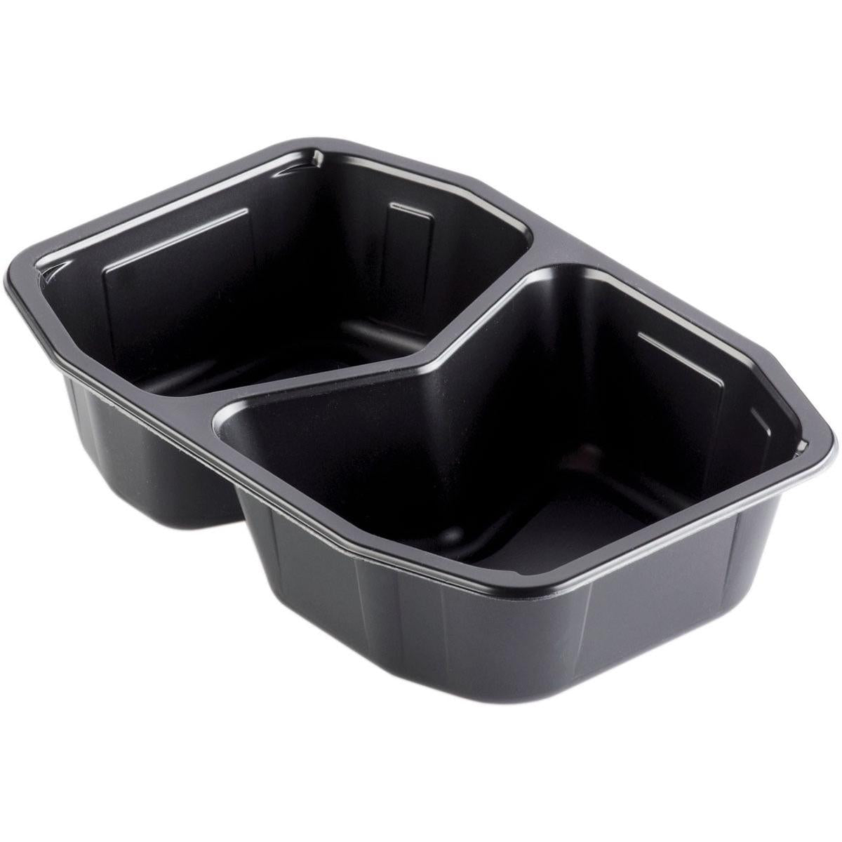 Die Duni GmbH PP-Schale HMR 2 Schwarz PP 215x148x50, ein schwarzer Zwei-Kammer-Lebensmittelbehälter (Packung: 312 Stück), ist mikrowellengeeignet und ideal als Gastronomie-Verpackung zum vielseitigen Aufbewahren und Servieren von Lebensmitteln.