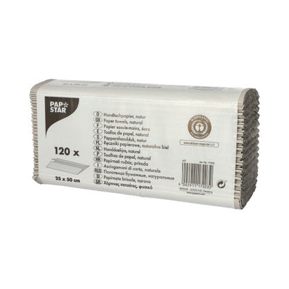 Obdélníkové balení PAPSTAR ručníkového papíru C-sklad, 50x25 cm, přírodní, jednovrstvý, obsahuje 120 listů ze 100% recyklovaného papíru. Na obalu jsou uvedeny informace o produktu a rozměry v několika jazycích. Značka: PAPSTAR GmbH.
