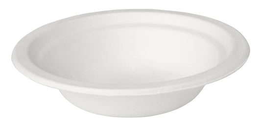Der Suppenteller 450 ml Bagasse von Duni GmbH ist ein schlichter, weißer, biologisch abbaubarer Suppenteller mit breitem Rand und geringer Tiefe, aufgenommen vor weißem Hintergrund.