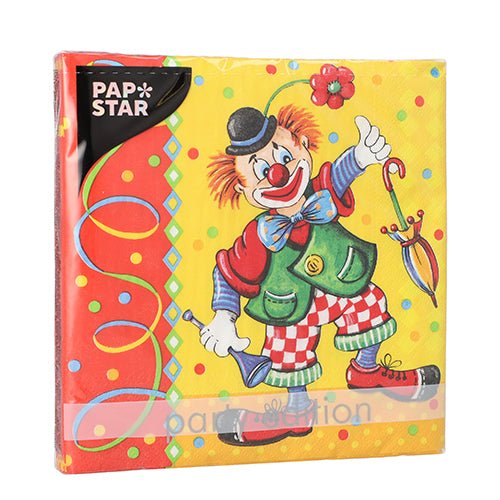 Barevný 3-vrstvý ubrousek od PAPSTAR GmbH 20 ubrousků, 33x33 cm sada 5, s kresleným klaunem na žlutém puntíkovaném pozadí.