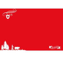 Eine rot-weiße Grafik mit einer Schweizer Flagge, einer Figur mit Kuh und Bäumen sowie einem "Schweiz"-Band - perfekt für Dunicel-Tischsets 30 x 40 cm Schweiz | Packung (100 Stück) von Duni GmbH.