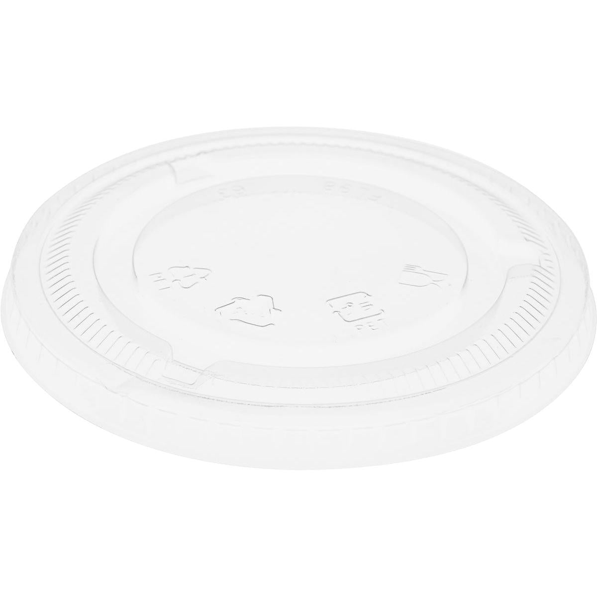 Průhledné ploché víko z rPET bez otvoru od společnosti Duni GmbH pro 188004-6, s vyraženými symboly recyklace a vroubkovaným okrajem. Dodávka v balení po 50 kusech.
