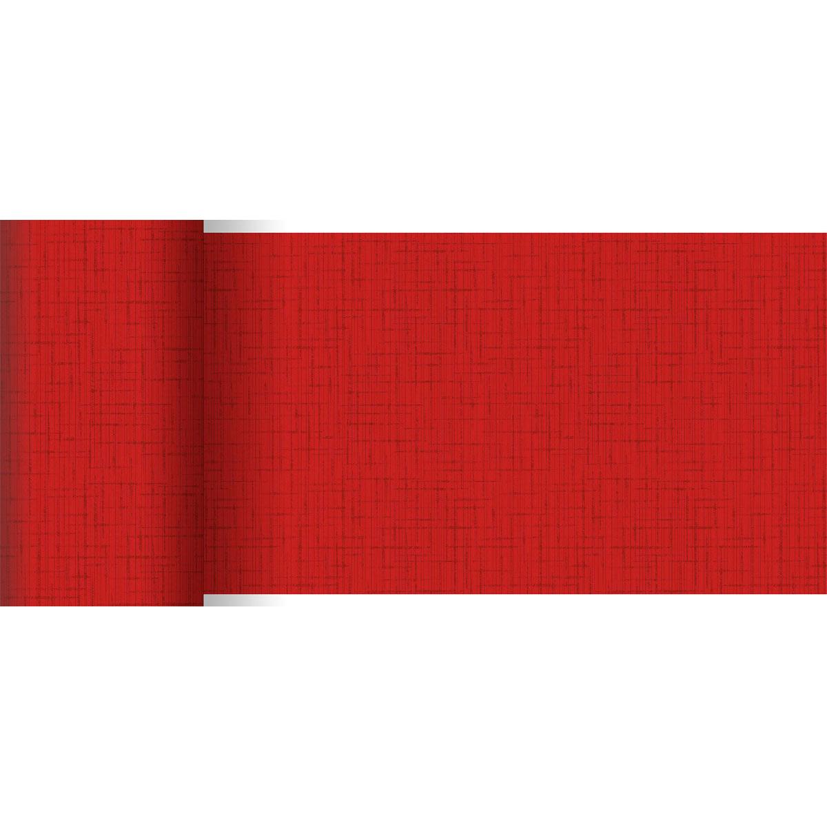 Eine Rolle roter Dunicel-Tischläufer (20 m x 15 cm) der Duni GmbH zeichnet sich durch ein dezentes, sich kreuzendes Linienmuster und eine strukturierte Optik aus, wobei der linke Rand leicht aufgerollt ist - perfekt für eine stilvolle Tischdekoration.