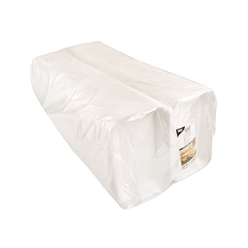 Balíček se 100 bílými univerzálními krabicemi Starpak s klopovým víkem (XPS, 1800 ml, 7,5 x 24 x 13,3 cm), zabalený ve smršťovací fólii a na jednom konci opatřený viditelnou etiketou Starpak.