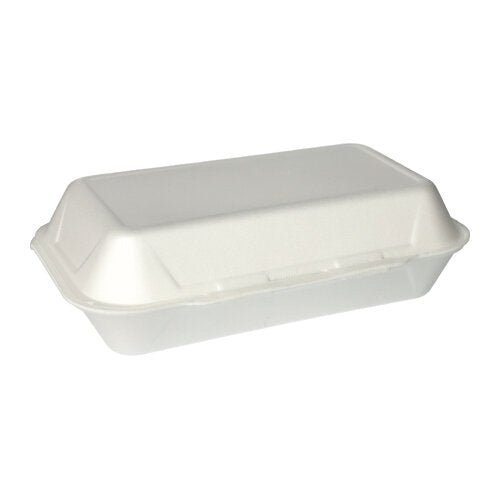 Před jednoduchým bílým pozadím je vyobrazena zavřená bílá univerzální krabice Starpak 100 s klopovým víkem na odnos (XPS, 1800 ml, 7,5 x 24 x 13,3 cm).