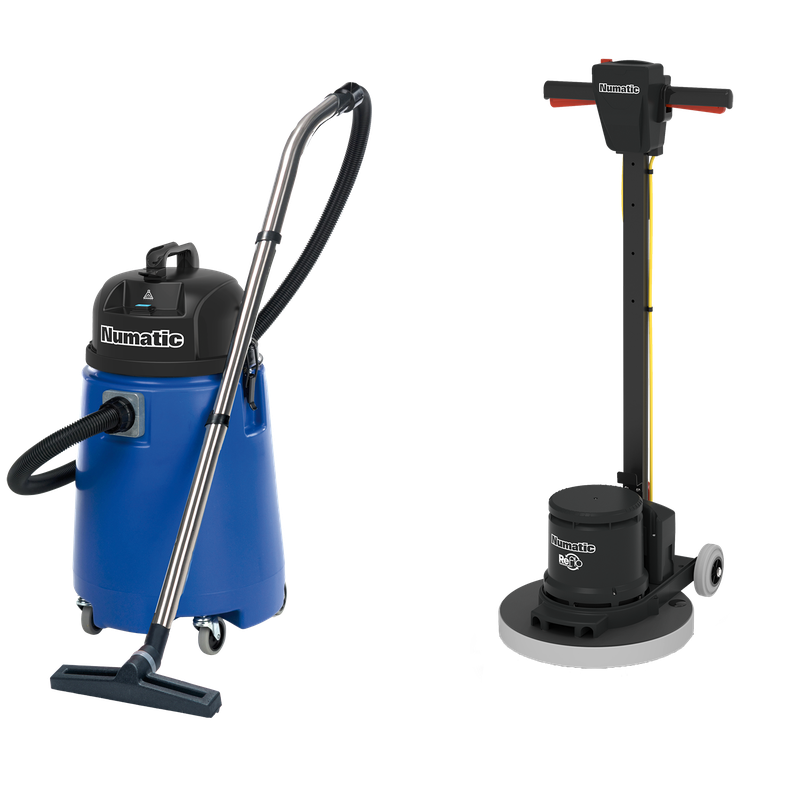 Numatic jednokotoučový stroj HFM1515R / ESM set 5B s vodním vysavačem WV800-2 a PadLoc Trei | Balení (1 kus)