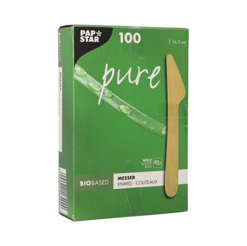 Zelená krabice PAPSTAR GmbH s nápisem „Holzmesser pure“ obsahuje 100 ekologických, stabilních jednorázových dřevěných nožů (16,5 cm), v skládací krabici s vyobrazením nože a vícejazyčným textem.