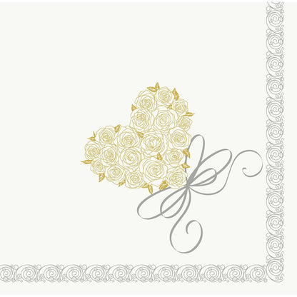 Srdce ze zlatých růží s šedou stuhou, uprostřed na bílém pozadí s ozdobnými šedými okraji - ideální pro Dunisoft ubrousky 40 x 40 cm 1/4 skládání od Duni GmbH, pokud si přejete vysoce kvalitní ubrousky.