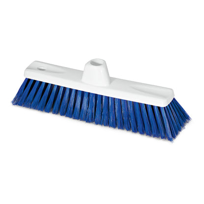 Die Nölle Profi-Bürste HACCP Feinbesen 30 cm von Nölle Profi Brush Bürsten- & Pinseltechnik e.K. hat blaue Synthetikborsten, einen weißen Kunststoffboden, ein mittiges Griffloch und ein zusätzliches kleineres Seitenloch für den vielseitigen Einsatz.